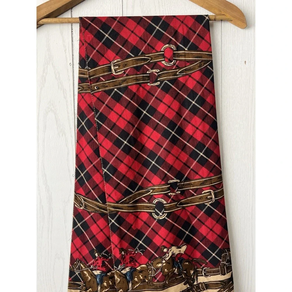 Vintage Double Face EQUESTRIAN Scarf Red Tartan Jockey Dachshund JG Hook